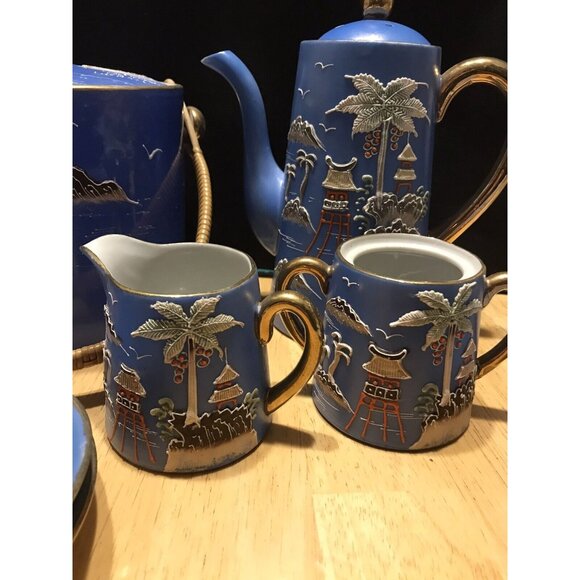 1920s Morimura Japan Moriage Tea Set Coffee Island Palm Trees Pagoda Gaudy Blue - Picture 11 of 16